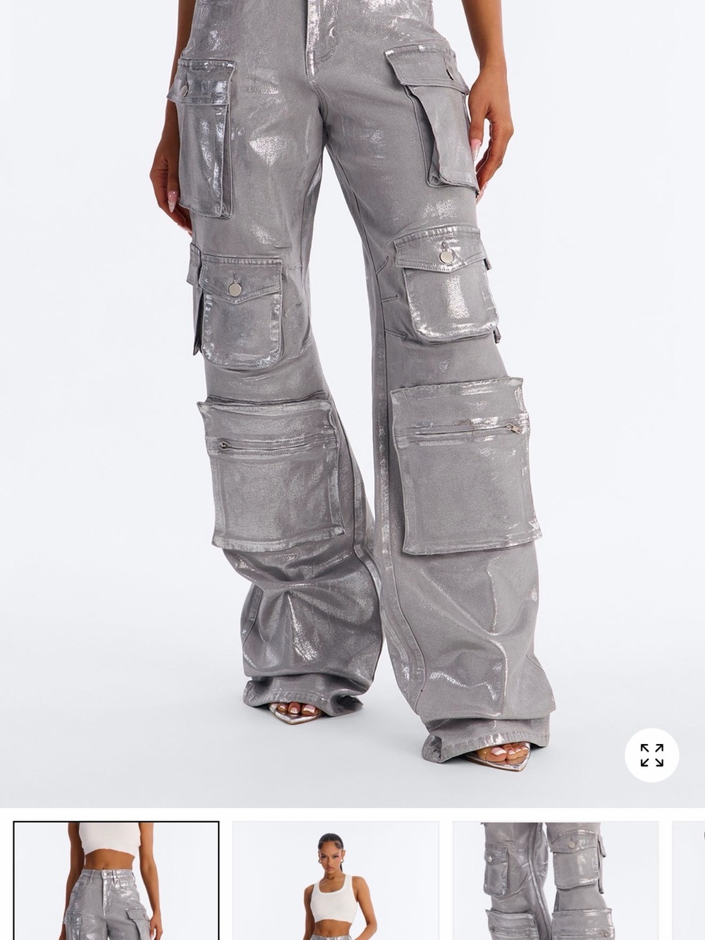Fashion Nova Shimmer Cargo Wide-Leg Pants in Silver